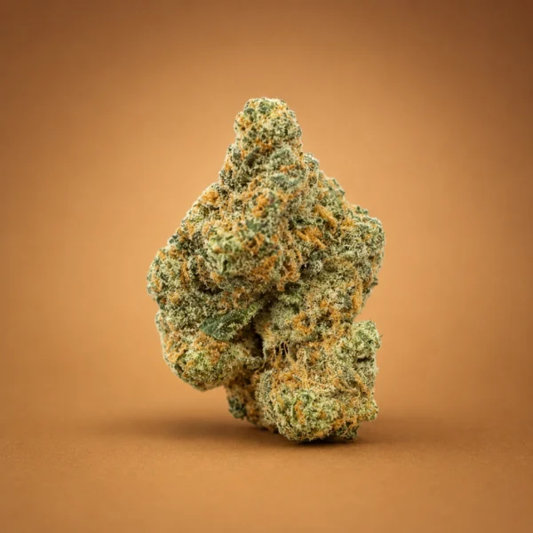 Reeseez Pieces flower – Indica Hybrid cannabis bud with orange pistils and dense trichomes