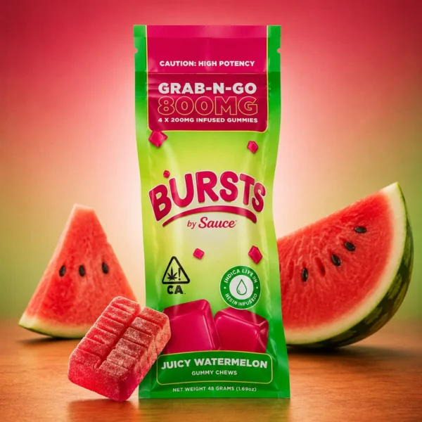 Bursts by Sauce Juicy Watermelon live resin gummies, 4-pack packaging