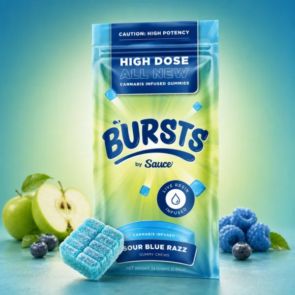 Bursts by Sauce Sour Blue Razz live resin gummies, 4-pack packaging