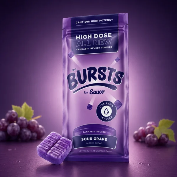 Bursts by Sauce Sour Grape live resin gummies, 4-pack packaging