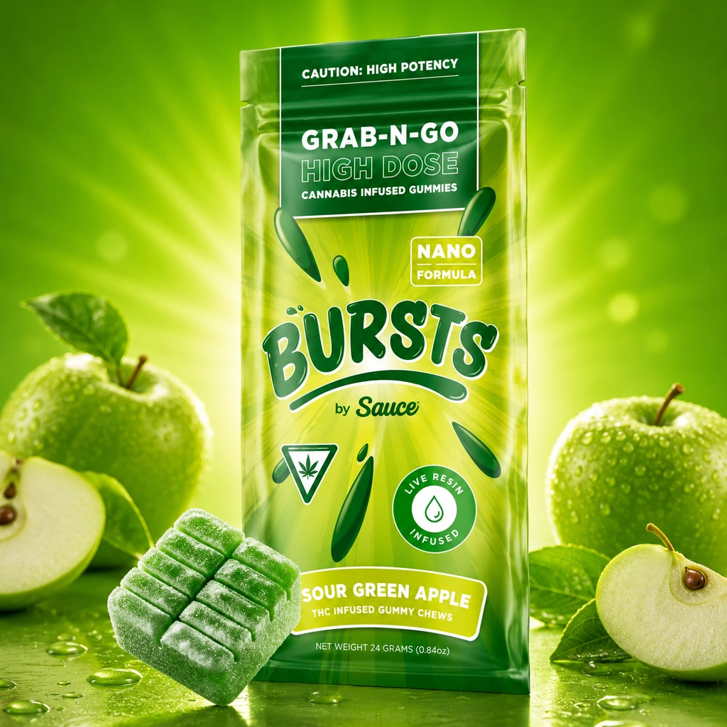 Bursts by Sauce Sour Green Apple Live Resin Gummies at King Kong Dispensary Bursts by Sauce Sour Green Apple live resin gummies, 4-pack packaging