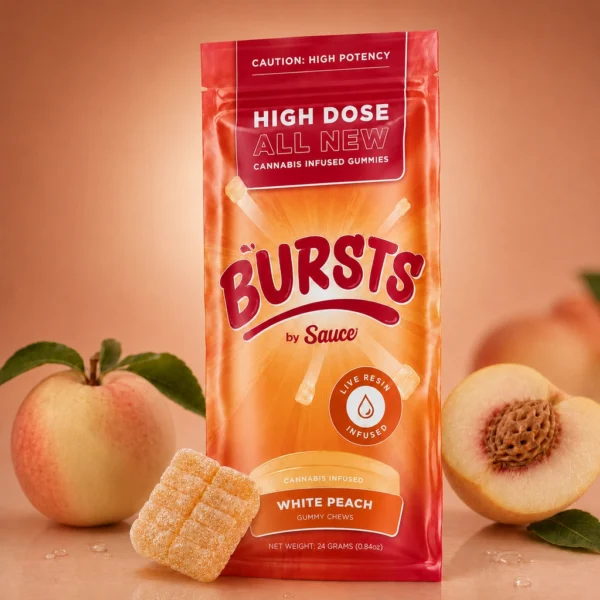 Bursts by Sauce White Peach live resin gummies, 4-pack packaging