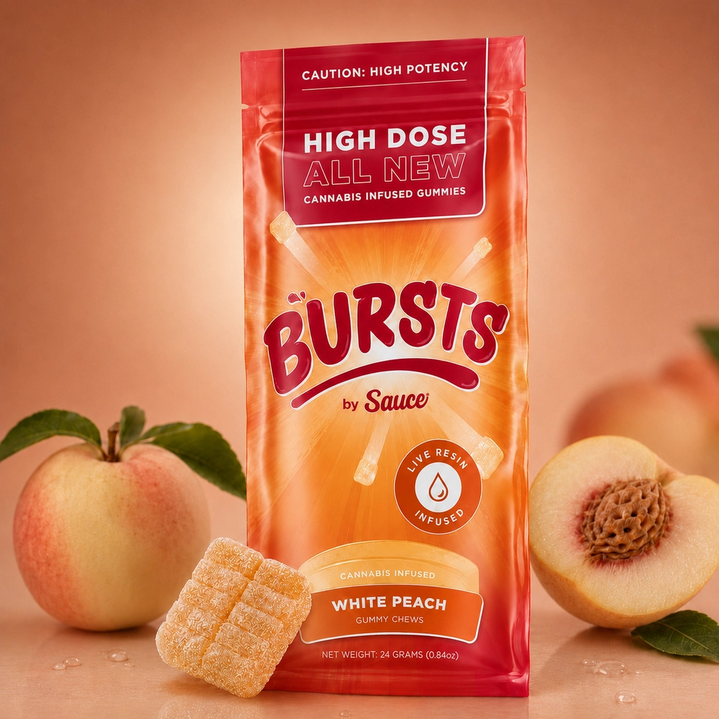 Bursts by Sauce White Peach Live Resin Gummies Bursts by Sauce White Peach live resin gummies, 4-pack packaging