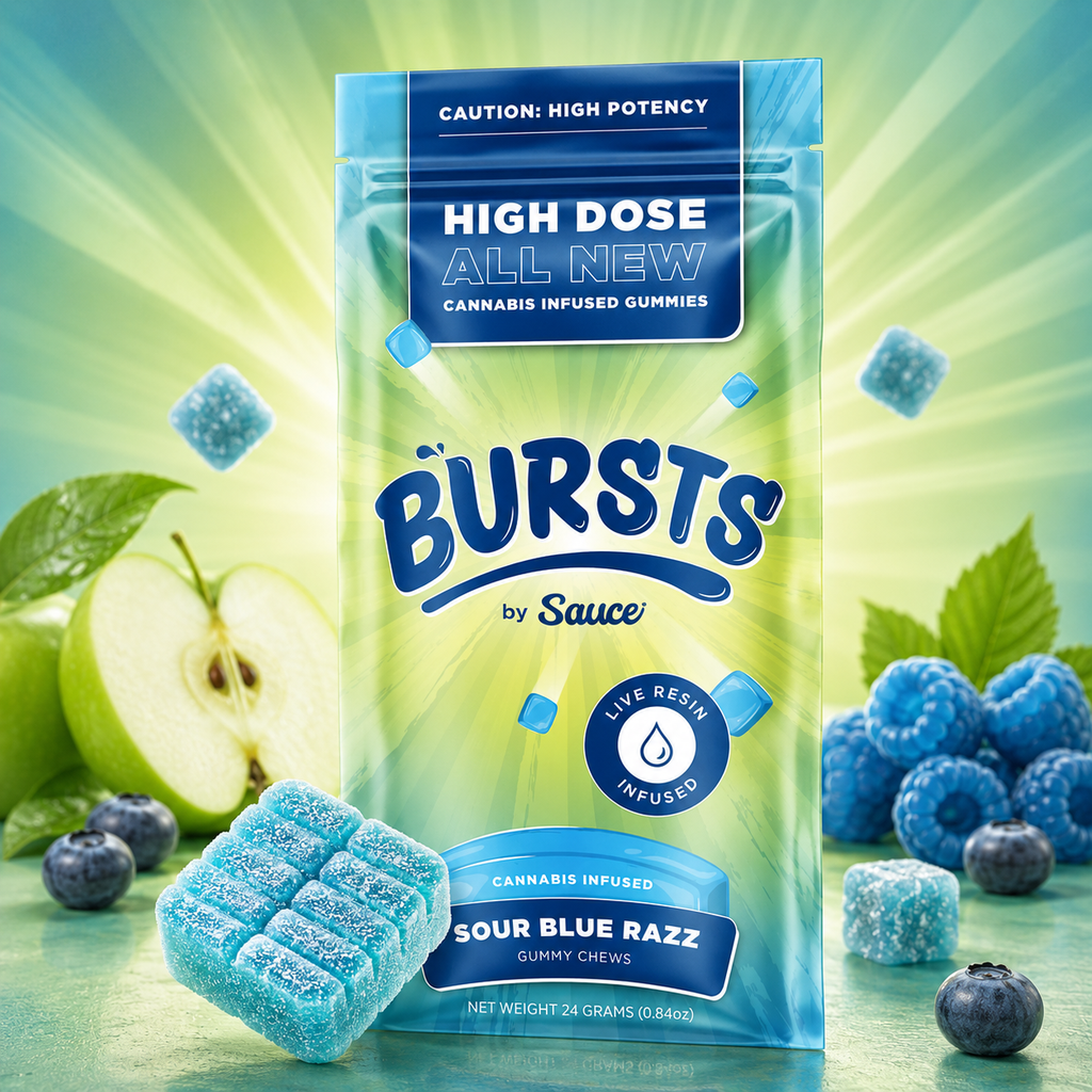 sauce-bursts-sour-blue-razz-kingkong-dispensary-georgetown-dc Bursts by Sauce Sour Blue Razz | 800MG Live Resin Gummies | 4-Pack High Dose | - Image 1