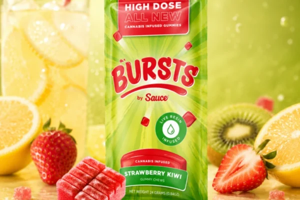 Bursts by Sauce Strawberry Kiwi live resin gummies, 4-pack packaging
