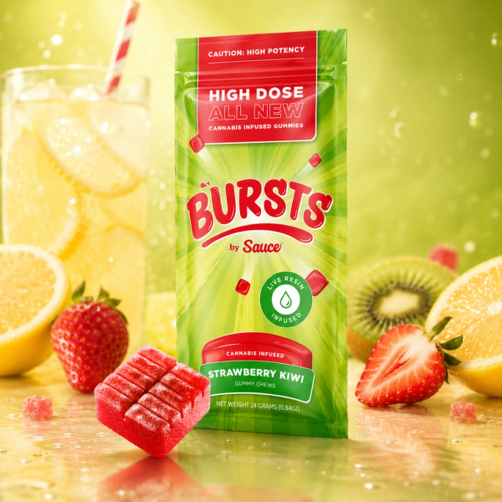 Bursts by Sauce Strawberry Kiwi Live Resin Gummies at King Kong Dispensary Bursts by Sauce Strawberry Kiwi live resin gummies, 4-pack packaging