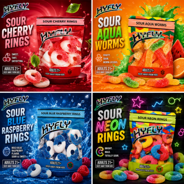 Hyfly edibles 3 for $100 special at King Kong Dispensary Georgetown Washington DC featuring sour cherry rings, sour aqua worms, sour blue raspberry rings and sour neon rings