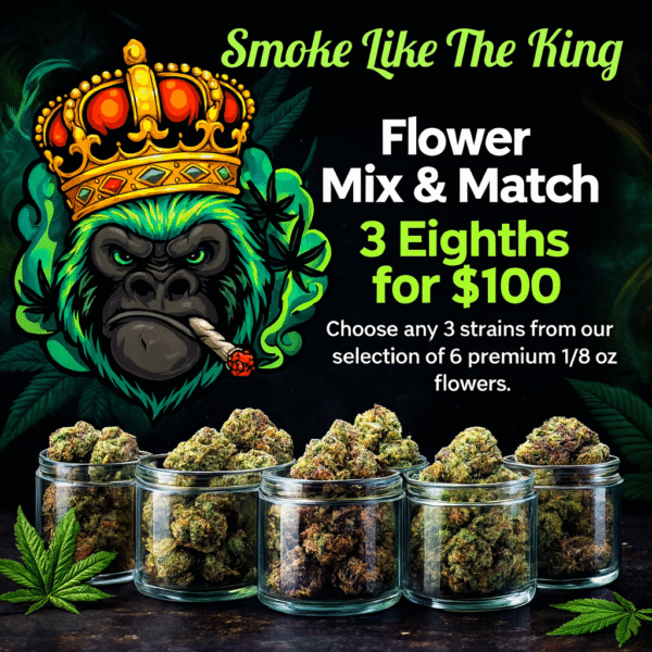King Kong Dispensary holiday cannabis deal graphic showing Flower Mix & Match offer of 3 eighths for $100 in Washington DC with jars of premium flower and a crowned gorilla illustration.