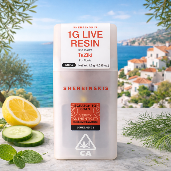 Sherbinskis TaZiki indica vape cart available in Arlington VA and Washington DC