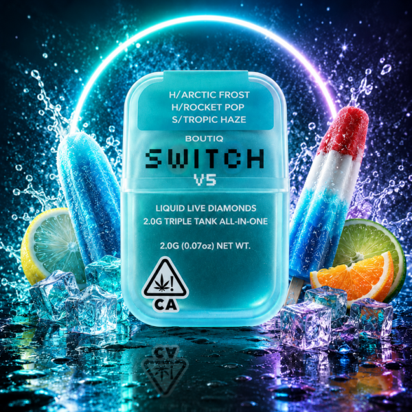 Boutiq Switch V5 2G Disposable Cart with Arctic Frost, Rocket Pop, and Tropic Haze, available from King Kong Dispensary Georgetown DC.