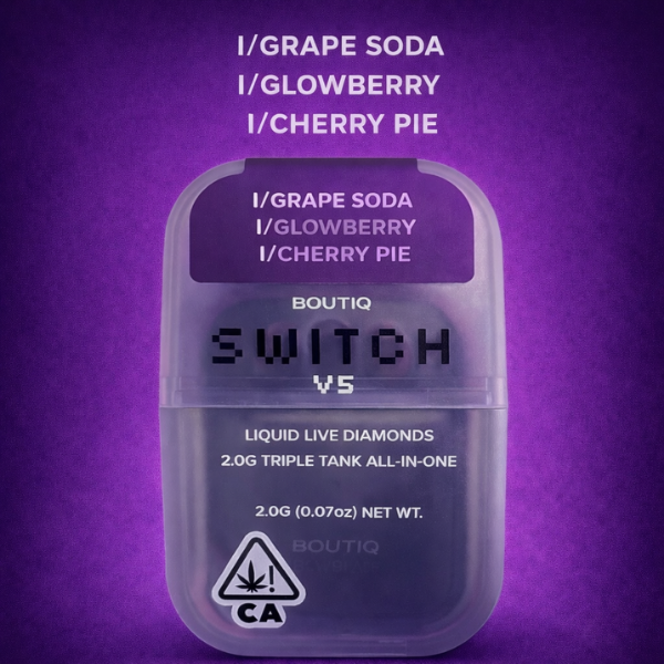 Boutiq Switch V5 disposable vape Grape Soda Glowberry Cherry Pie 2G liquid live diamonds available at King Kong Dispensary