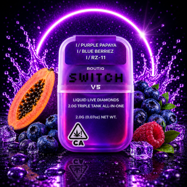 Boutiq Switch V5 2G Disposable Cart with Purple Papaya, Blue Berriez, and RZ-11, available from King Kong Dispensary Georgetown DC.