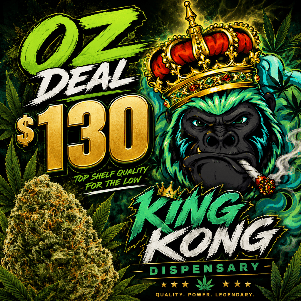 King Manner Hybrid $130 OZ Deal Flower | Georgetown DC | King Kong Dispensary Promotional King Manner $130 OZ deal graphic with cannabis flower, bold gold pricing, crowned gorilla artwork, and King Kong Dispensary branding, serving Georgetown DC.
