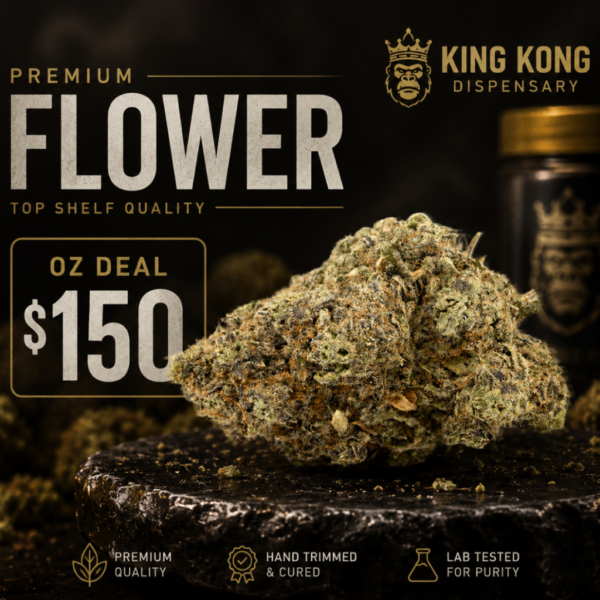 Premium flower OZ deal $150 at King Kong Dispensary Georgetown Washington DC featuring top shelf cannabis flower and premium ounce special