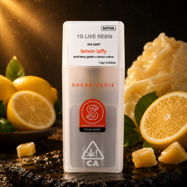 Sherbinskis Lemon Taffy 1G live resin 510 cart sativa vape with lemon crème and acai berry gelato flavor at King Kong Dispensary Georgetown Washington DC Arlington VA