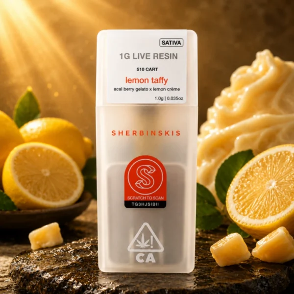 Sherbinskis Lemon Taffy live resin 1g Sativa 510 cart package with lemon and creamy candy