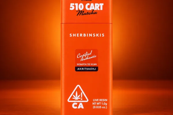 Sherbinskis Matcha Live Resin 1g Hybrid 510 cart packaging box in orange with scratch-to-scan authentication seal