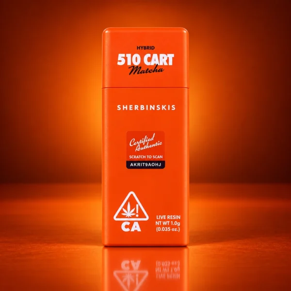 Sherbinskis Matcha Live Resin 1g Hybrid 510 cart packaging box in orange with scratch-to-scan authentication seal