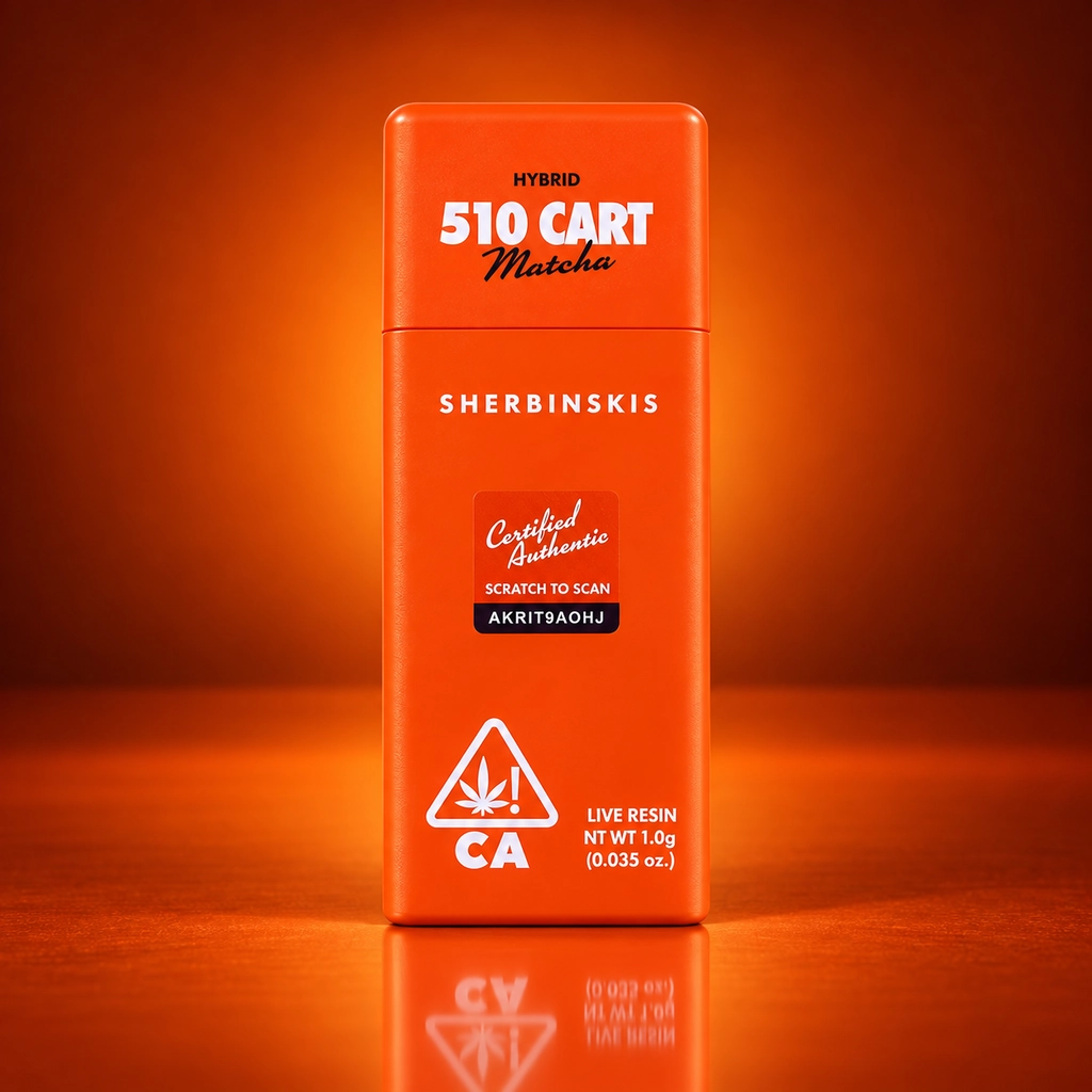 Sherbinskis Matcha Live Resin 510 Cartridge – 1g Hybrid Sherbinskis Matcha Live Resin 1g Hybrid 510 cart packaging box in orange with scratch-to-scan authentication seal