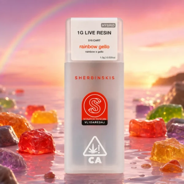 Sherbinskis Rainbow Gello live resin 1g Hybrid 510 cart package with a rainbow sky and colorful candy