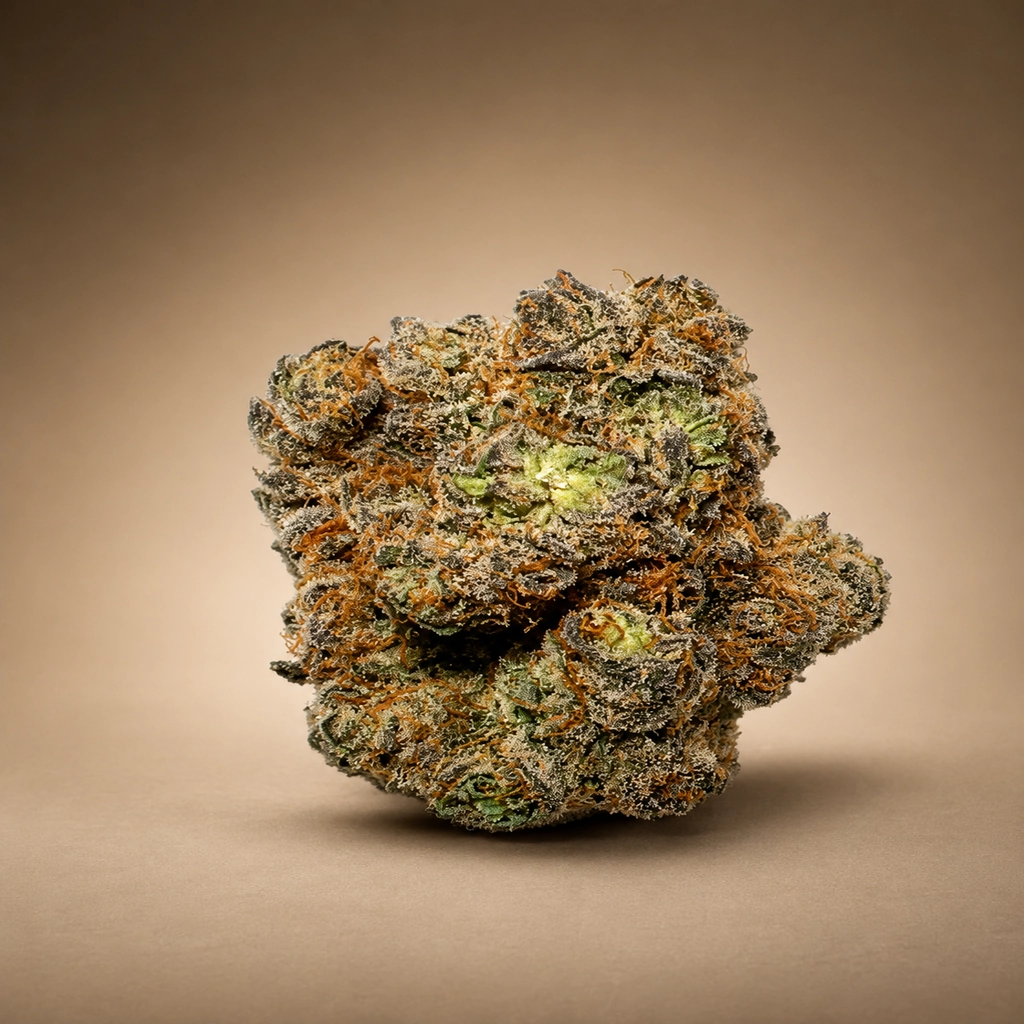 Alaskan Ice Sativa-Dominant Hybrid | King Kong Dispensary Alaskan Ice strain flower with green buds, orange pistils and frosty trichomes