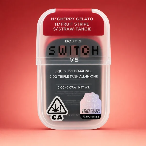 Boutiq Switch V5 2G Disposable Cart with Cherry Gelato, Fruit Stripe, and Straw-Tangie, available from King Kong Dispensary Georgetown DC.