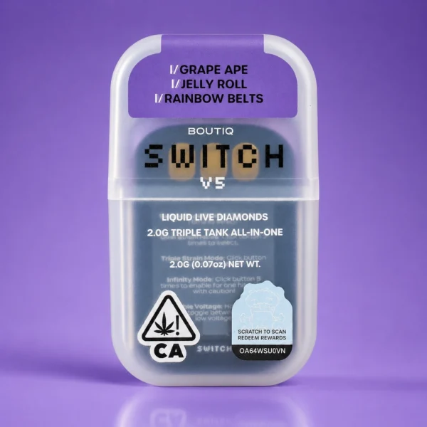 Boutiq Switch V5 2G Disposable Cart with Grape Ape, Jelly Roll, and Rainbow Belts, available from King Kong Dispensary Georgetown DC.