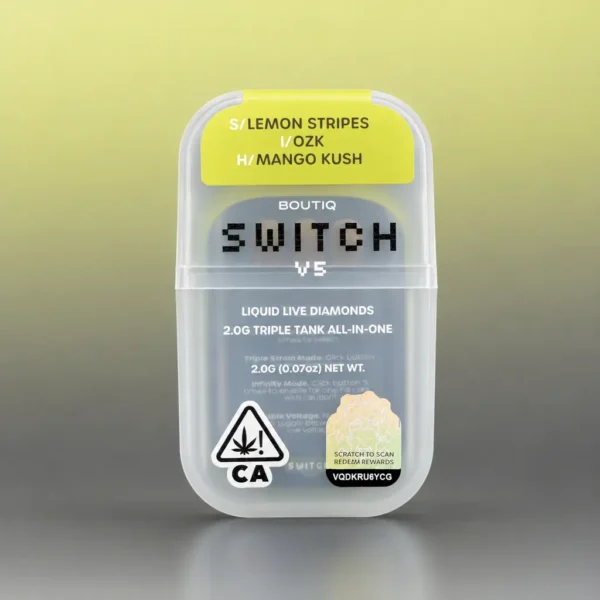 Boutiq Switch V5 Disposable Cart Triple Tank packaging for Lemon Stripes, OZK, and Mango Kush liquid live diamonds disposable