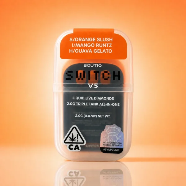 Boutiq Switch V5 2G Disposable Cart with Orange Slush, Mango Runtz, and Guava Gelato, available from King Kong Dispensary Georgetown DC.