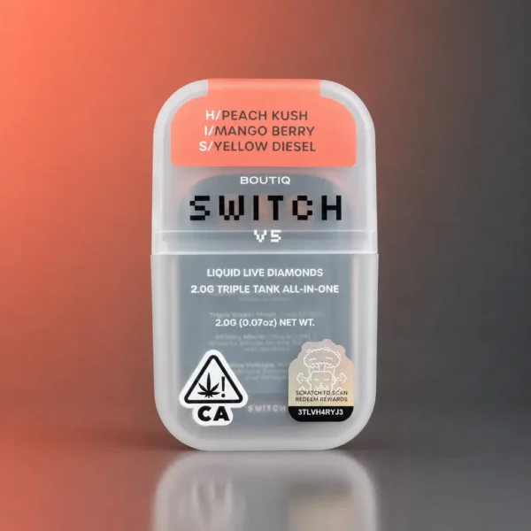 Boutiq Switch V5 Disposable Cart Triple Tank packaging for Peach Kush, Mango Berry, and Yellow Diesel