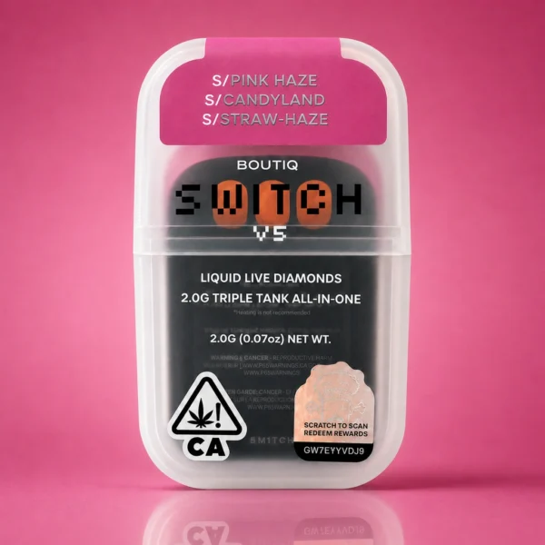 Boutiq Switch V5 2G Disposable Cart with Pink Haze, Candyland, and Straw-Haze, available from King Kong Dispensary Georgetown DC.