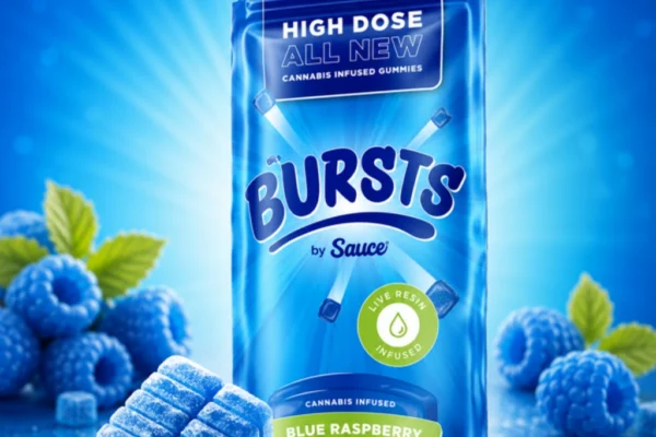 Bursts by Sauce Blue Raspberry live resin gummies, 4-pack packaging