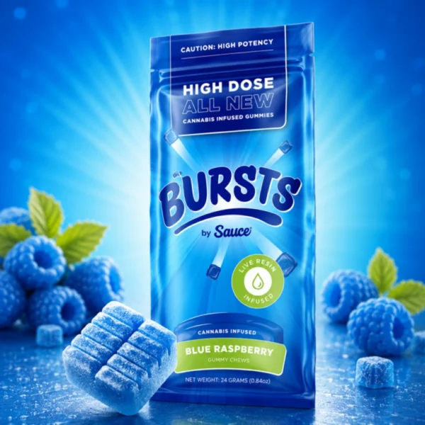 Bursts by Sauce Blue Raspberry live resin gummies, 4-pack packaging