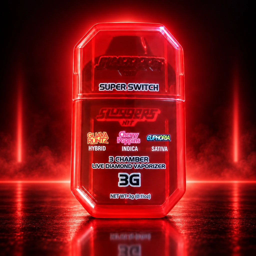sluggers-super-switch-3g-disposable-cart-euphori-kingkong-dispensary Sluggers Hit Super Switch | Guava Runtz + Cherry Poppins + Euphoria | 3-Chamber Live Diamond Disposable – 3G - Image 1