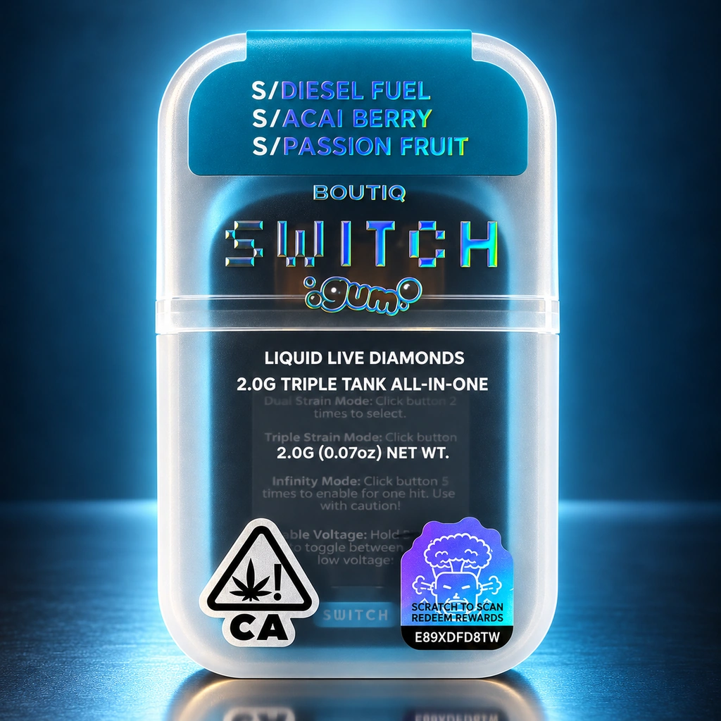 Boutiq Switch GUM 2G Disposable Diesel Fuel Vape | King Kong Dispensary Boutiq Switch GUM 2G Disposable Diesel Fuel vape packaging with Acai Berry and Passion Fruit Liquid Live Diamonds — King Kong Dispensary