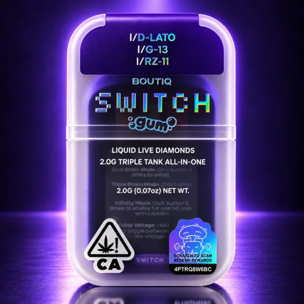 Boutiq Switch GUM 2G Disposable D Lato vape packaging with G-13 and RZ-11 Liquid Live Diamonds — King Kong Dispensary