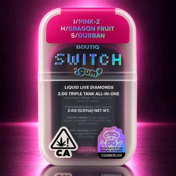 Boutiq Switch GUM 2G Disposable Pink Z vape packaging with Dragon Fruit and Durban Liquid Live Diamonds — King Kong Dispensary