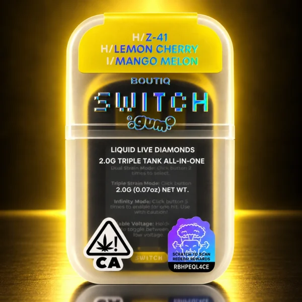 Boutiq Switch GUM 2G Disposable Vape packaging featuring Z-41 and Lemon Cherry Hybrids with Mango Melon Indica