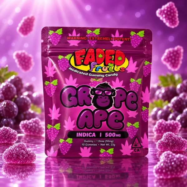 Faded Fruits Grape Ape Indica Gummies 500mg package