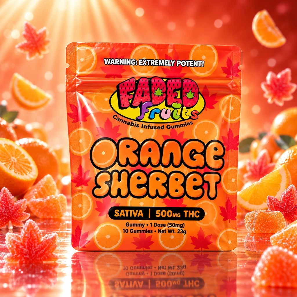 Faded Fruits Orange Sherbet Sativa Gummies 500mg Faded Fruits Orange Sherbet Sativa Gummies 500mg package