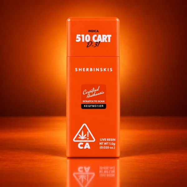 Sherbinskis D-31 Live Resin cart 1g Indica 510 cartridge packaging