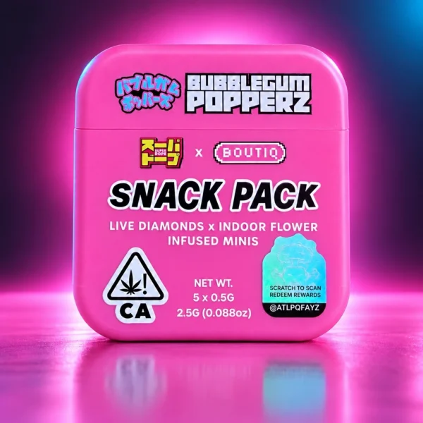 Snack Pack Bubblegum Popperz mini preroll 5-pack hot pink tin with live diamonds infusion