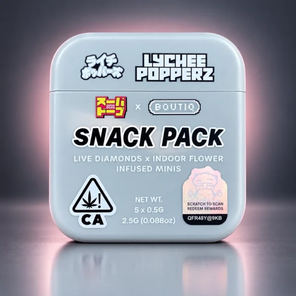 Snack Pack Lychee Popperz mini preroll 5-pack box with live diamonds infusion